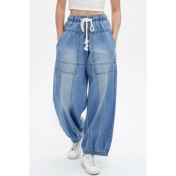 Women Loose Fit Cotton Denim Jeans Casual Wide Leg Drawstring Pants